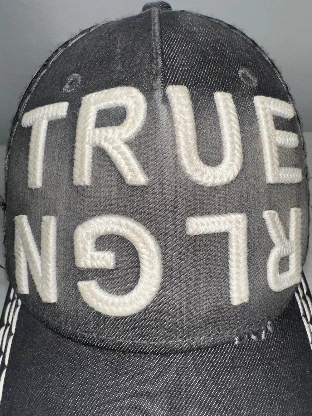 True Religion Trucker Hat Cap Black TRUE RLGN spellout Distressed Leather Strap